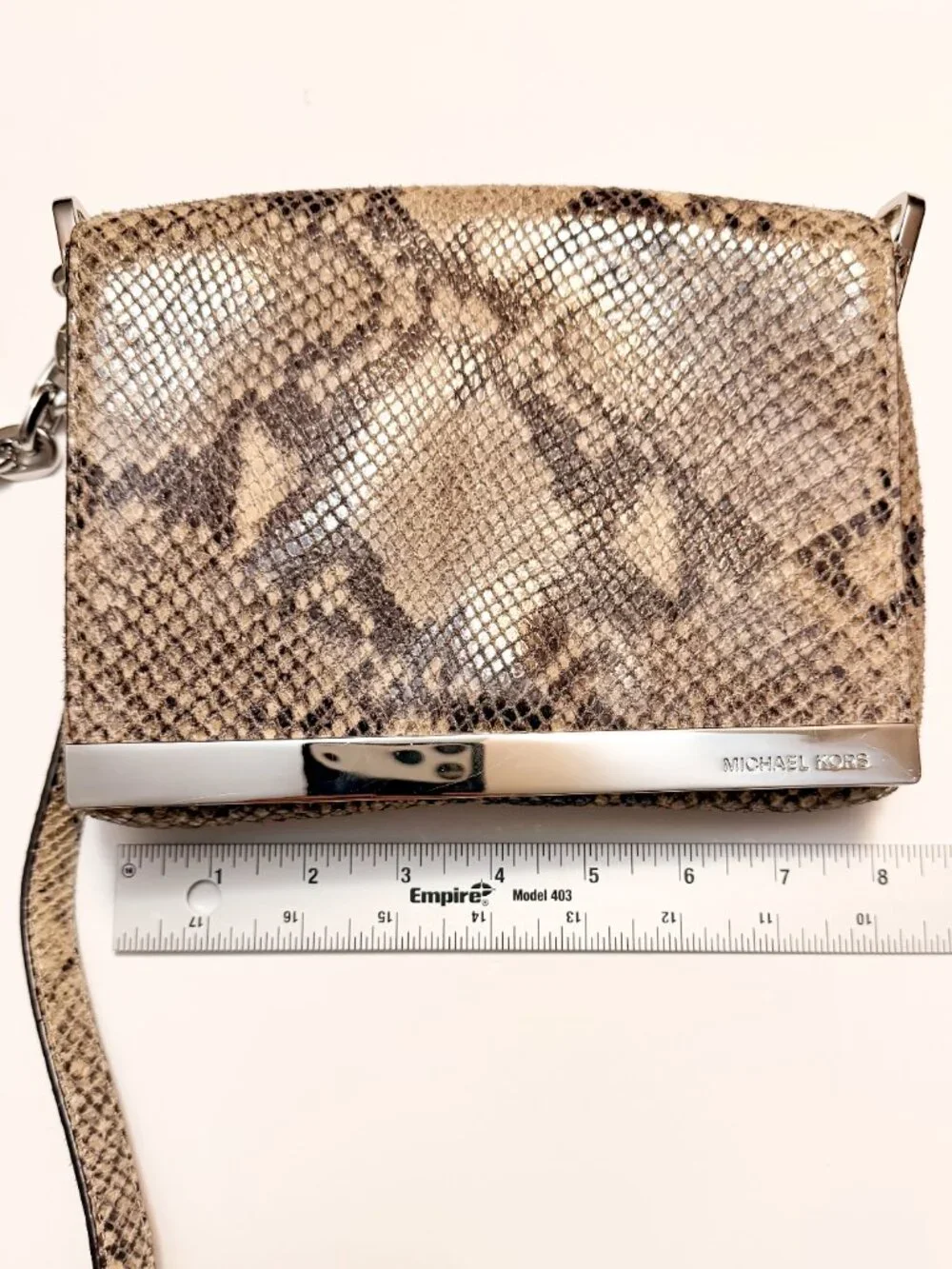 Michael Kors Neutral Snake Print Flap Crossbody Bag Silver Chain Accent